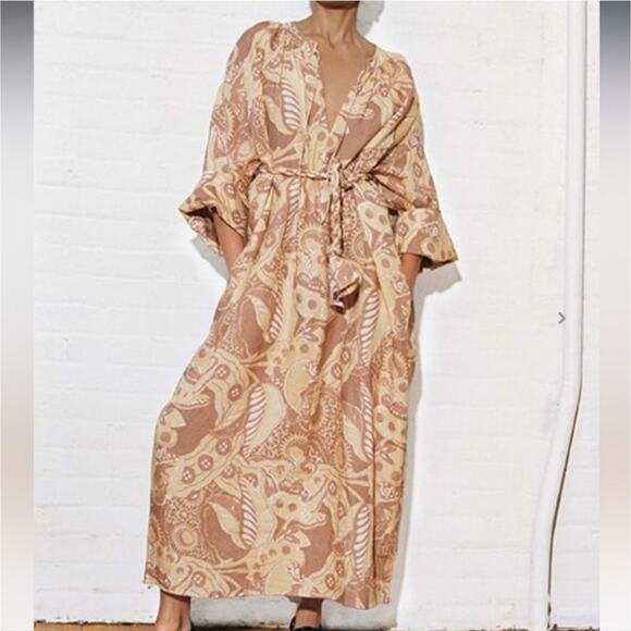 Mara Hoffman Neutral Print Linen Belted Lysa Maxi Dress 3X - Picture 1 of 10